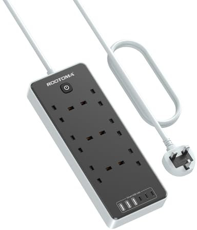 Extension Lead with 6 USB Slots (3 USB C), 6 Way Surge Protection Extension Sockets 2M with Switch, Wall Mounted Multi Plug Power Strip for Home Bedroom Kitchen Office, Black