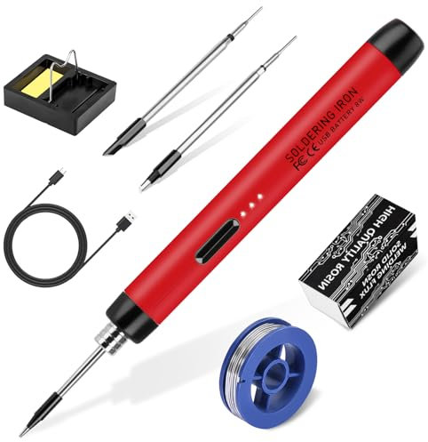 Cordless Soldering Iron Kit, USB Soldering Iron with 3 Temperature Adjustable 300℃-450℃, 3 Soldering Tips, Mini Stand, Solder Wire, Solder Paste, Solder Iron Set for Welding Repair - Red
