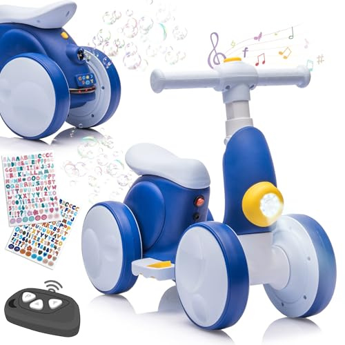 Laufrad Elektrisch 6V ab 1-4 Jahre mit Seifenblasenmaschine für Jungen Mädchen, 4 in 1 Kinder Fahrrad für 12-48 Monate mit Musik, LED-Lichter, Geschenk für Geburtstag, Weihnachten, Blau-weiß