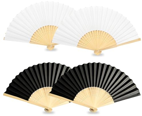 4 Stück Handfächer, Faltbare Fächer Chinesische Fächer Klein Handfächer aus Stoff für eine Abkühlung im Sommer Taschenfächer, Klappfächer für Hochzeite (Schwarz+Weiß)