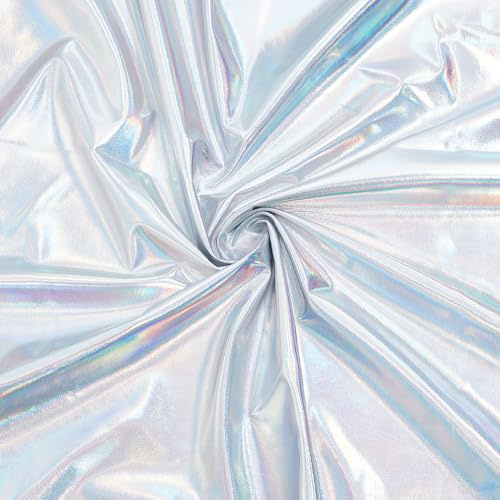 MAYJOYDIY Metallic Silber Glitzernder Hologramm Spandex Stoff 100×150cm 4 Fach Glänzender Metallic Folien Stretchstoff Zum Selbermachen Und Nähen Kostüm Bühnen Performance Kleidung Party Dekoration