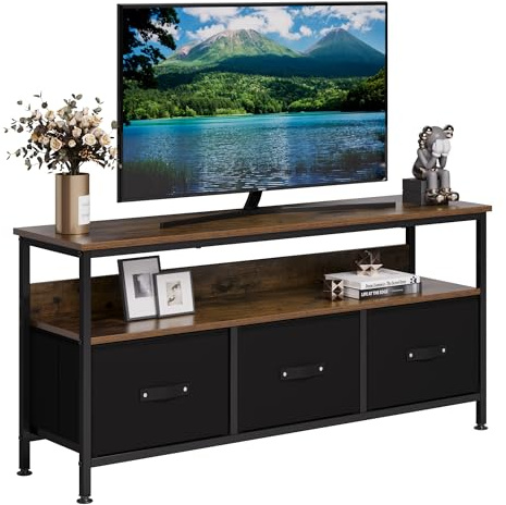 Mueble de TV con 2 compartimentos abiertos y 3 cajones, mueble bajo para TV de hasta 55 pulgadas, madera de grano de madera, mesa de televisión para salón, comedor, dormitorio, 120 x 57 x 30 cm