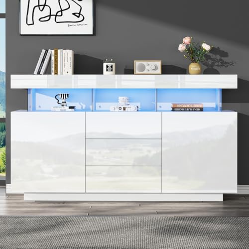 Kebnor Hochglanz-Sideboard,modernes, Kaffeebar, Acryl-Sideboard mit 16-farbigem LED-Lichtstreifen, geeignet für Esszimmer, Küche, Flur140 x 35 x 80 cm (weiß) (weiß)
