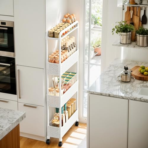 Storage Trolley Cart, 4-Tier Plastic Rolling Storage Cart with Wheels Handles Kitchen Storage Carts Storage Shelving Organiser for Kitchen, Bathroom, Bedroom Office (White)