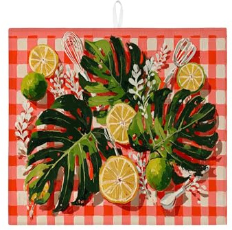 Tropical Dish Drying Mats For Kitchen Counter, Vintage Red Leafy Absorbent Dish Drainer Rack Mat, Summer Microfiber Drying Pad For Kitchen Counter Coffee Bar Protector 16x18 Inch