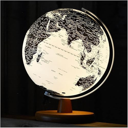 YHEIANJ Globo terráqueo práctico de 25 cm/10 Pulgadas, Globo terráqueo Iluminado para niños con Soporte de Madera, Negro Antiguo, Blanco, Tipo océano, Decorativo.