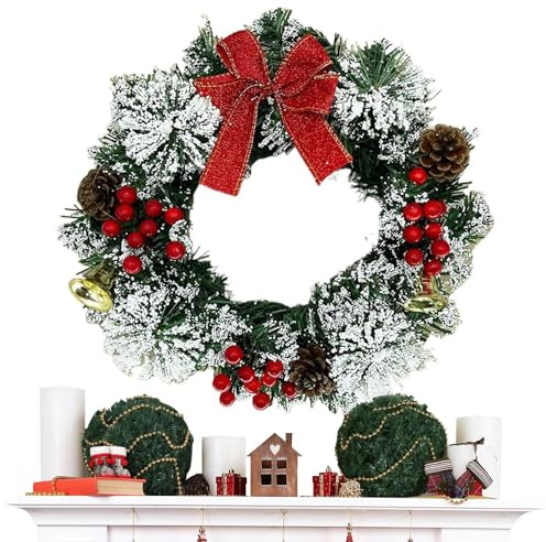 Corone di Natale per porta d'ingresso | Decorazione corona con fiocchi, campane e e bacche | Ghirlanda artificiale realistica stagionale per decorazione di finestre, , pareti, interni ed esterni