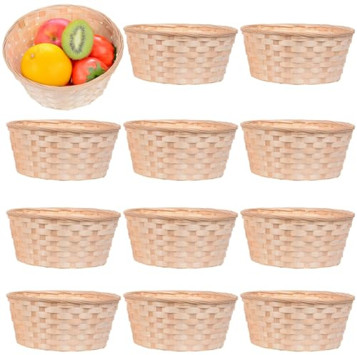 Skdqiee Bamboo Bread Baskets for Serving, 12 Pcs Handwoven Fruit Storage Baskets, Round Design, Serving Basket for Picnic, Dining Table, Snacks, Fruit Display, 7.1 x 2.8 in