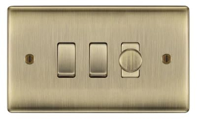 BG Nexus Antique Brass 3 Gang Switch 1x Trailing Edge LED Dimmer 2x Intermediate Custom Grid