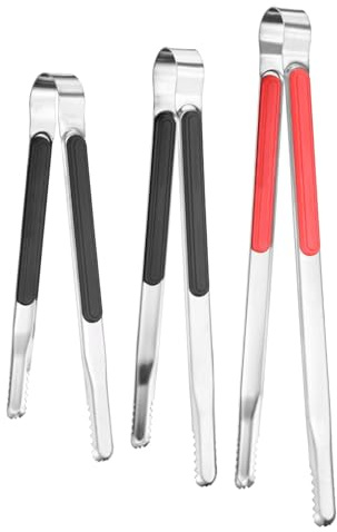 M METERXITY 3-Pack Grill Tongs, 8.8/10/11.6 Inch Non-Slip 410 Stainless Steel Locking Tongs for Cooking/Buffet/Outdoor Barbecue, Korean BBQ Tweezers Metal Clamp Tool [Red, Black]