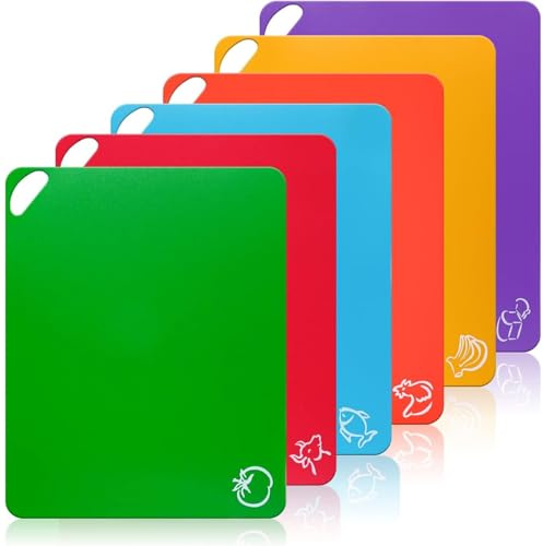 Preocea 6 Pack Plastic Cutting Board Mats, Flexible Kitchen Chopping Board | Non-Slip Colored Cutting Mats With Food Icons, Easy-Grip Handles, Waffle Back, Dishwasher Safe, for Kitchen Cutting