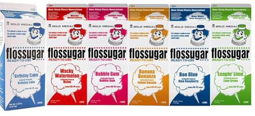 Cotton Candy Floss sugar Mix Flavors | Pack Of 6 | Birthday Cake, Wacky Watermelon, Bubble Gum, Banana, Blue Raspberry, and Lime Green Flavors | 1/2 Gallon Cartons