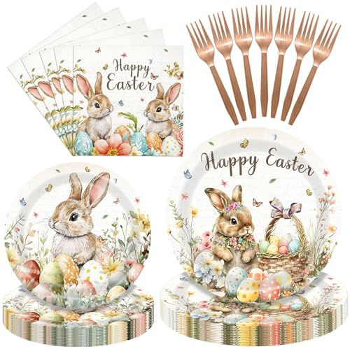 Temicle 96 Pieces Easter Tableware Set – Bunny Egg Disposable Plates, Napkins and Forks with “Happy Easter” Spring Designs for Holiday Dinners, Parties, and Spring Celebrations – Serves 24
