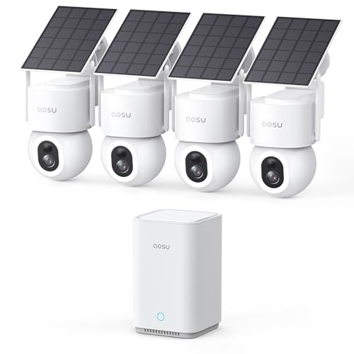 aosu D1 MAX 4K 8MP Überwachungskamera Aussen Solar Akku 360° PTZ Panorama | 4-Kamera-Set mit aosuBase 2.0, 1 TB Erweiterbare, Kein ABO Nötig, AI Person/Auto-Erkennung, Auto-Tracking, Farb-Nachtsicht