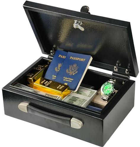 KABISAFE Caja Fuerte Portátil 9L – Caja con Asa de Transporte, Caja Segura para Documentos A4, Dinero, Joyería y Objetos Valiosos (33 x 22 x 12 cm, Negra)