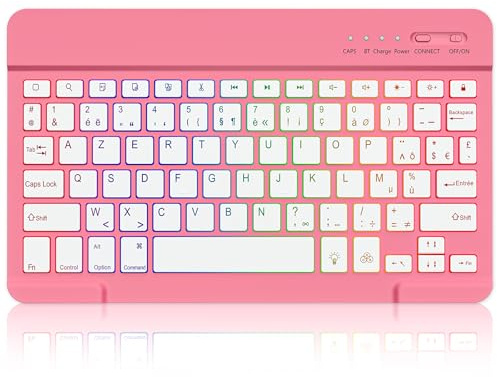 MMK Clavier Bluetooth Layout AZERTY pour iOS, Android and Windows | Touches Silencieuses, Mini Clavier sans Fil Rétroéclairé Rechargeable pour iPad, iPhone, Samsung, Lenovo, Huawei etc, Rouge