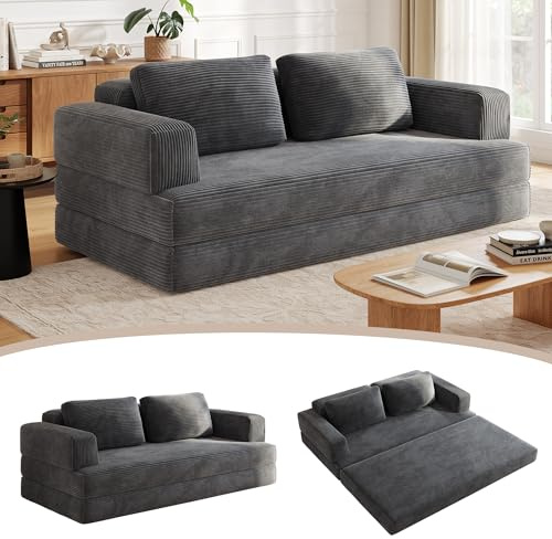 Wumagin Schlafsofa Cord 160 cm, 2 Sitzer Modulares Bodensofa mit Kissen, 4-in-1 Compressed Sofa für Wohnzimmer und Schlafzimmer (Grau)