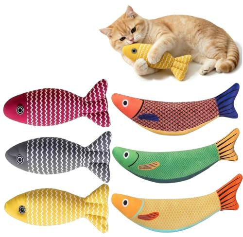 Quorumsg 6 stycken kattleksaker, kattgräs-leksak, kattfiskleksaker, roliga interaktiva plyschbitare, för lek tuggrengöring av tänder