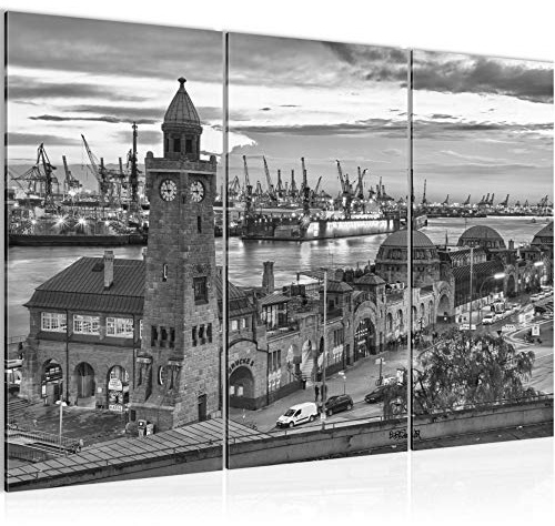 Runa Art Wandbilder Hamburg Bild XXL Wohnzimmer Schlafzimmer Schwarz Weiss Hafen 120 x 80 cm 3 Teilig 603031c