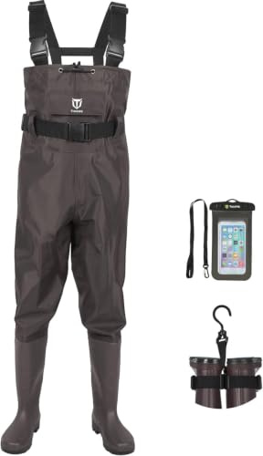 TideWe Bootfoot Wathose 2-lagig Nylon/PVC Wasserdicht Angeln Jagd Wathose mit Stiefelaufhänger für Damen und Herren Braun Größe 42