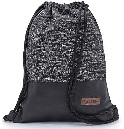 By Bers Leon großer Premium Turnbeutel mit Innentaschen Rucksack Tasche Damen Herren Teenager Gym Bag Draw String 45x34cm für Sport Reise Alltag Einkauf (Schraffur_SW_SchwarzPU)