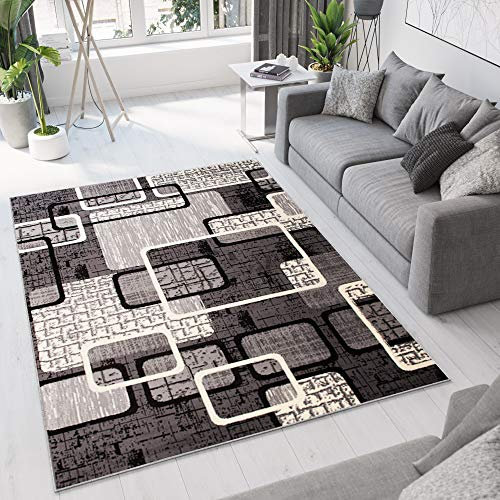 TAPISO Dream Teppich Modern Wohnzimmer Kurzflor Creme Grau Schwarz Meliert Vierecke Figuren Design Schlafzimmer Küche Esszimmer ÖKOTEX 80 x 150 cm