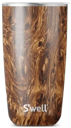 S'well Tumbler with Lid, 530ml, Teakwood, BPA/BPS-Free Vacuum Triple-Insulated Travel Cup with Slide-Open Lid, for Hot and Cold Beverages, At Home or Work up to 12h Cold/4h Hot