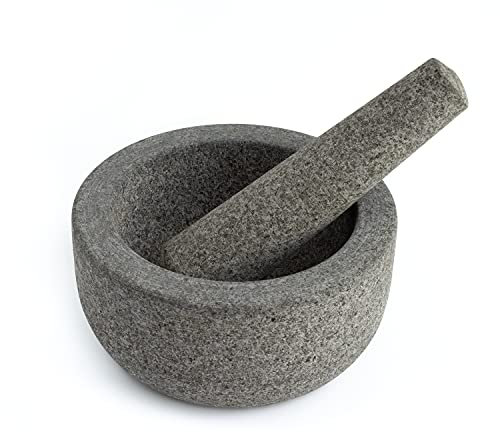 Chef Tacos Mortero Cocina - Molcajete Mexicano Piedra Volcánica - Mortero con Mano – Mortero Piedra para Hacer o Servir Guacamole, Alioli, Pesto, Moler Especias - Diámetro 16 cm, 7.9 cm Altura Gris
