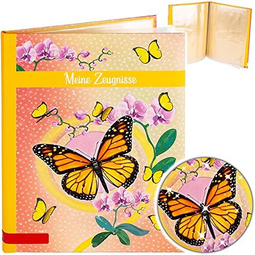 3D Glitzer - Zeugnismappe/Dokumentenmappe Motivwahl Schmetterlinge & Blumen Meine Zeugnisse gebunden - Buch mit festen Seiten - A4 - A 4 - Zeugnisbu..