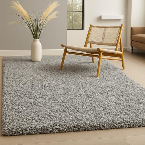 B&B Shaggy Rug - Soft Touch, 5cm Thick Pile, Non-Shed, Anti-Slip FluBy Carpet for Living Room, Bedroom, and Large Spaces (Grey, 120 x 170 cm)