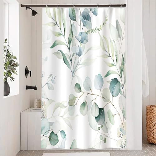 Uiiooazy Duschvorhang Grün Eukalyptus 120x200cm Anti Schimmel Blau Blätter | Duschvorhang Weiß Blumen Pflanzen Wasserdicht Stoff Polyester Waschbar Bad Vorhang mit 8 Haken für Badezimmer Badewanne
