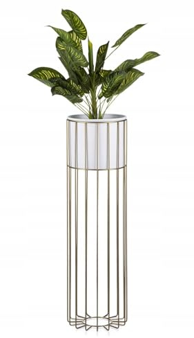 HowHomely Moderne Blumenständer Metall 70 cm Hoch mit Weiß Blumentopf Rund 19 cm Ø auf Robuste Gold Ständer - Pflanzenständer zur Dekoration Innenräumen