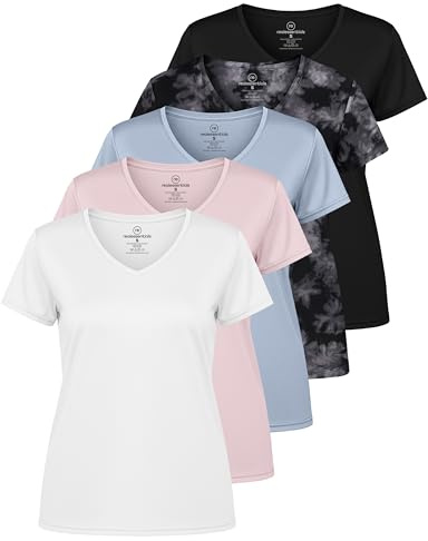 Real Essentials - Pack de 5 camisetas deportivas de manga corta con cuello de pico para mujer, camiseta de yoga que absorbe la humedad (disponible en tallas grandes), Juego de 16, Large