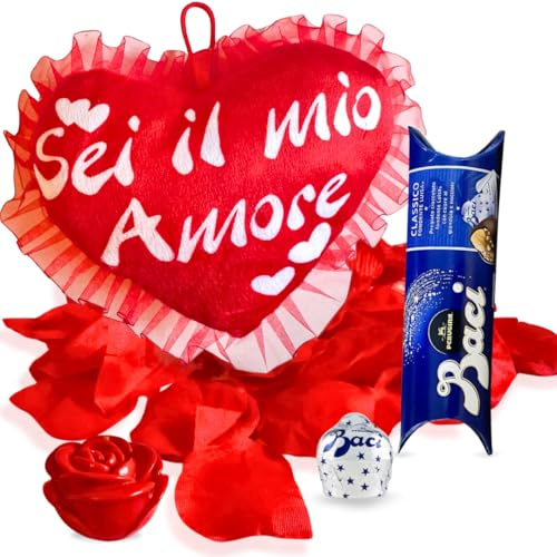 NARAMAKI® Idea Regalo Fidanzata e Fidanzato - 37,5gr Baci Perugina + Cuscino a Cuore Sei il mio amore + Rosa Luminosa - Regalo Donna |Uomo