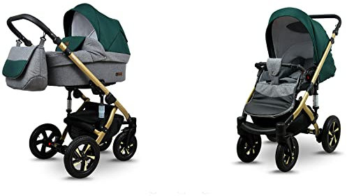 BabyLux® Sky Lark 2-in-1 Baby Kinderwagen Tief und Kinderwagen mit Zubehör Verstellbar und faltbar Aluminiumkonstruktion Wasserdicht Nicht abnehmbare Räder Grey Flex Green Gold Frame