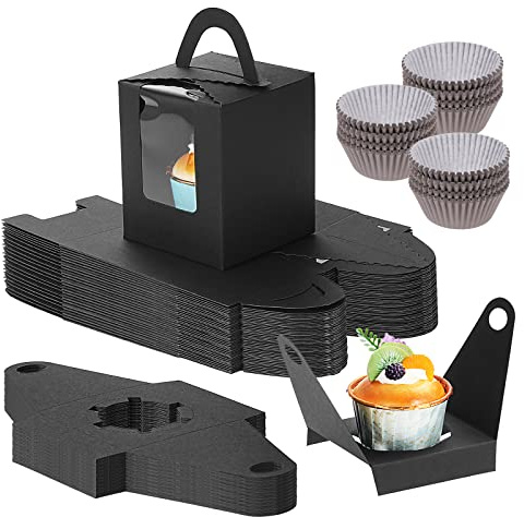 Fippy 50 Pezzi Scatole per Cupcake Singoli con 100 Pirottini di Carta, Scatole per muffin Piccole con Finestra Trasparente e Manico, Scatole per Cupcake Ingrosso per Torte Biscotti Bessert , nero
