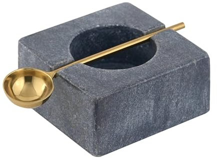 Cruiser’s Caché | Gray Marble Salt Cellar and Gold Spoon Set | Hand Crafted Natural Marble | For Keeping Gourmet Salts, Pepper, Spices, and Seasonings.