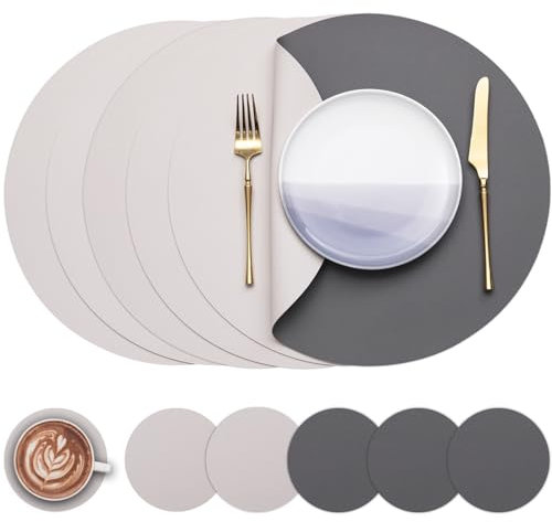 Myir JUN Tovagliette in Pelle e Sottobicchieri, Set di 6 Tovagliette Rotonde e sottobicchieri 38cm Rotonde Tovagliette Americane Bifacciale Non-scivolose Impermeabile (Grigio & Bianca, Set di 6)