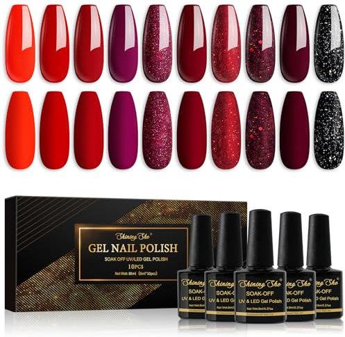Shining She Gel Nail Polish, 10 Colours Cherry Red Burgundy Dark Shimmer Glitter Black Gel Polish Set Soak-Off UV/LED Nail Polish Gel for Nail Art Salon DIY Home, 8ML