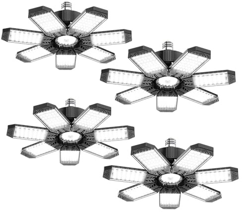 HAPYLUMI Luz Garaje 200W, 4 Piezas 20000LM Lámpara Focos LED Garage 6500K Blanco Frío Con 7 Paneles Ajustables, Iluminación de Taller Industrial Para Cochera, Almacén, Sótano