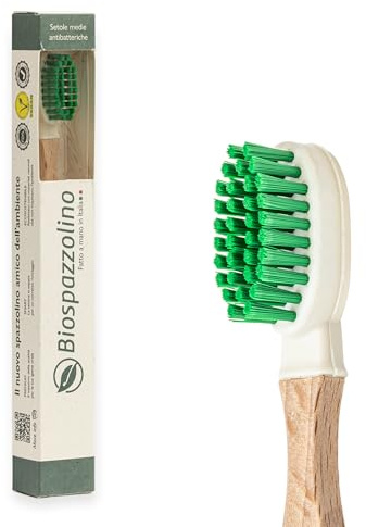 Spazzolino in Legno con Setole Naturali Antibatteriche - Ideali per Gengive Sensibili - MADE IN ITALY - Testina in Caucciù Intercambiabile - Biodegradabile ed Ecologico (Verde)