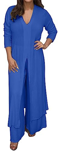 Damen Casual Plus Size V-Ausschnitt Langarm Chiffon Hemd Strandanzug Schlitz Long Top + Hose Bluse Unten Taufe Outfit Kleid & Kombinationen Für Damen