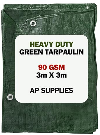 AP Supplies Green Tarpaulin 90gsm Waterproof Cover Sheet 3m x 3m | M-Grade Polyethylene Ground Sheet with Reinforced Edges & Aluminium Eyelets for Outdoor Protection