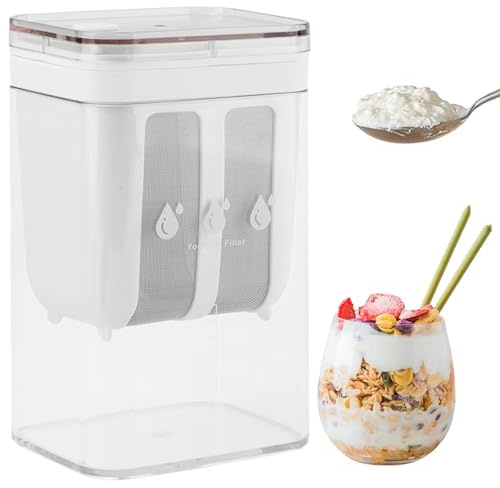 Trasylph Colador de yogur de 1100 ml, filtro de yogur con bolsa de malla fina, tapa y marca de escala, para hacer yogures griegos gruesos, leche de soja, kéfir, bayas, sopa, jugo de frutas, café