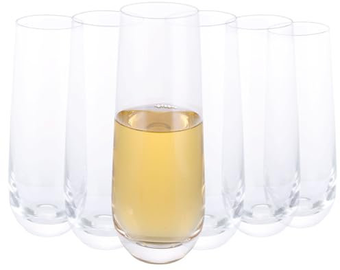WOPPLXY 6 PCS Champagne Flutes 280ML, Crystal Glass Stemless Champagne Flutes, Clear Stemless Wine Glasses Cocktail Glasses Dishwasher Safe for Picnic, Birthday, Wedding, Garden Party