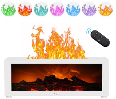 Diffusore di Oli Essenziali a Fiamma 3D, 150 ml, con Telecomando (Bianco) | Umidificatore con Luce a Fiamma, Timer, Spegnimento Automatico, Luce Notturna 7 Colori, Diffusore Aromi, per Casa e Ufficio