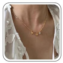 Inateannal Strass Muschel Seestern Halskette Muschel Seestern Anhänger Halskette Gold Muschel Choker Halskette Satellit Perlen Kette Halskette Sommer Strand Seestern Halskette