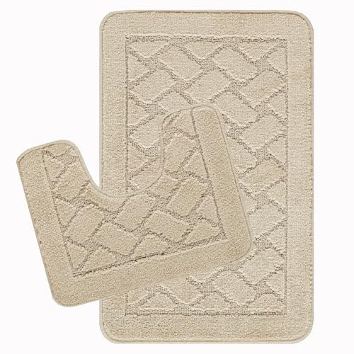 Livabliss Bath Mat Set - Bathroom Mats Sets 2 Piece, Washable Non Slip Bath and Toilet Mat Set - Bathroom Accessories with Absorbent Bathmat Rug, Shower and Co-ordinating Pedestal Carpet, Beige