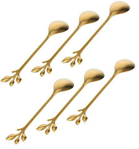 Amosfun 6pcs Gold Leaf Spoons Stainless Steel Cocktail Stirring Spoons Creative for Home and Café