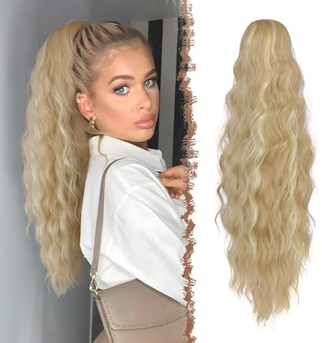 FESHFEN Lange Pferdeschwanz Haarteil Extensions Blond, Lockig Wellig Haarextension Zopf mit Kamm Synthetik Haarverlängerung Ponytail für Frauen, 60 cm Dreckiges Blond